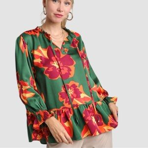 Satin 'Gina' Floral Ruffle Hem Top 3/4 Sleeve Top